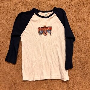 White and blue baseball tee with graphic